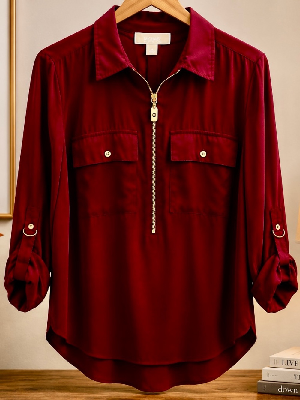Michael Kors Burgundy Zip-Front Blouse – Size Medium